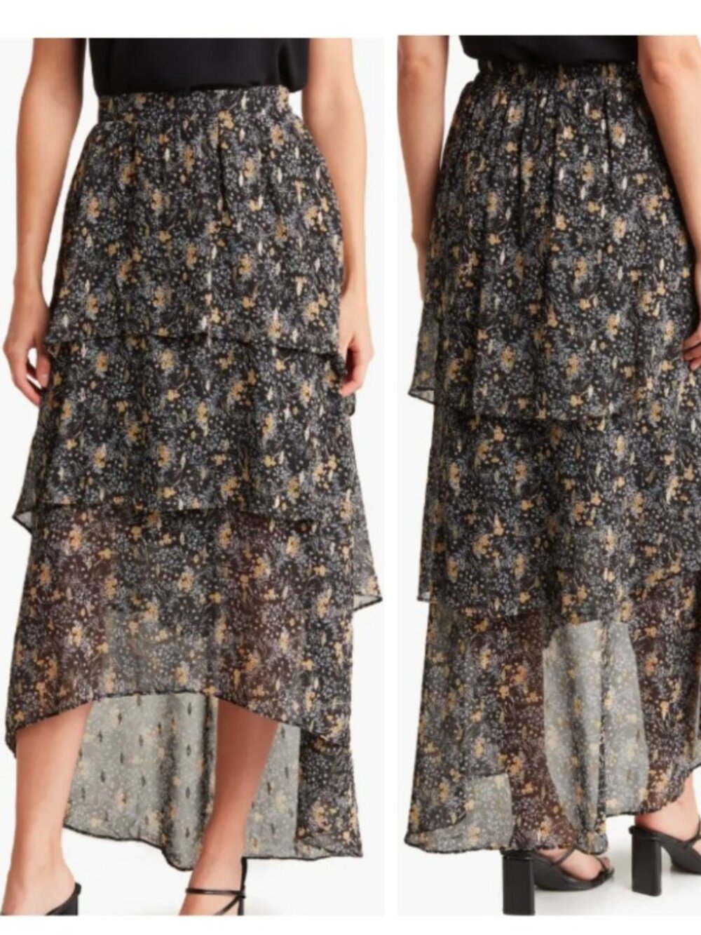 MELLODAY Tiered Chiffon Maxi Skirt, BLACK FLORAL, Size M, NWT